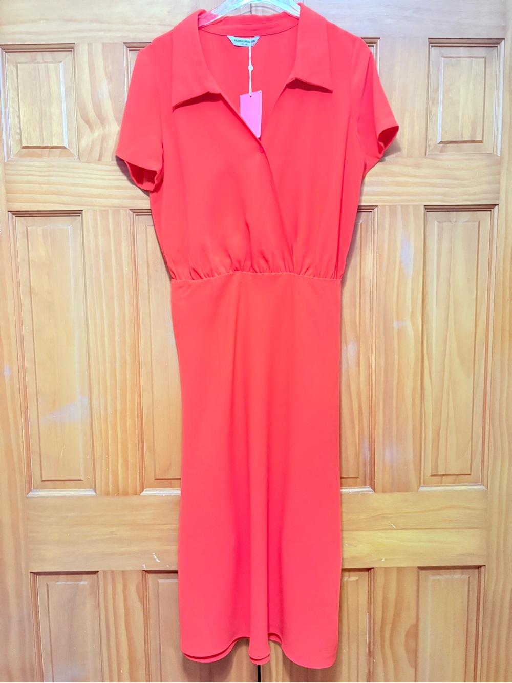 Amanda Uprichard Bright Orange Red Collared Short Sleeve Midi Dress Size XL NWT
